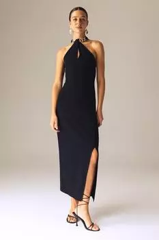 Платье миди без рукавов с разрезом и цепочками из смесового льна DeFacto, черный