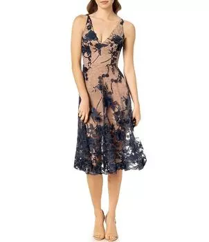 Платье миди без рукавов с V-образным вырезом и цветочным принтом Population Audrey Dress the Population, синий