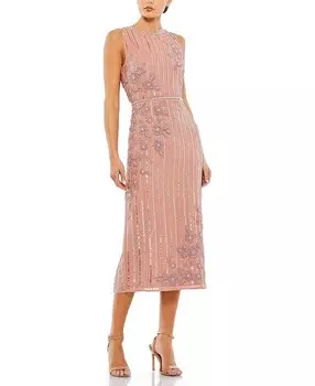 Платье миди без рукавов в полоску с цветочным декором Mac Duggal, розовый