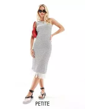 Платье миди без рукавов в рубчик Vila Petite с бахромой по низу в черно-белые полосы