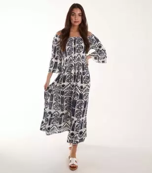 Платье миди Blue Vanilla с принтом из листьев, темно-синий