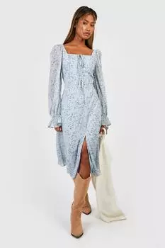 Платье миди-блузон с рукавами Boohoo, синий