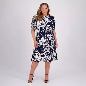 Платье миди больших размеров с драпированными рукавами и сборками London Times, цвет navy ivory