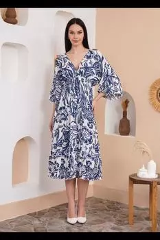 Платье-миди большого размера с развевающимися рукавами, присборенной талией, V-образным вырезом и цветочным принтом HOXTON GAL, синий