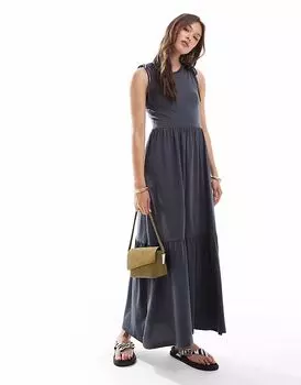 Платье миди Brave Soul из хлопка с высоким воротом, многослойное, угольно-серого цвета