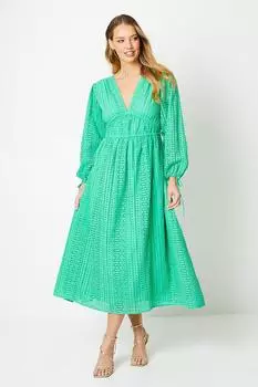 Платье миди Broderie с завязками по бокам и пышными рукавами Oasis, зеленый