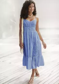 Платье миди Buffalo, с качественной вышивкой люверсов, воздушное летнее платье из хлопка, голубой