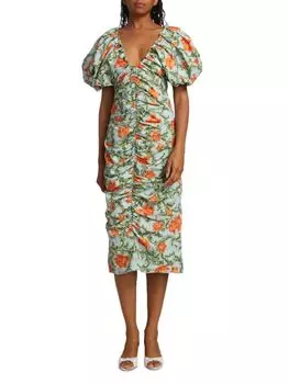 Платье миди Camelia со сборками и объемными рукавами Agua By Agua Bendita, синий