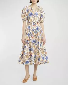 Платье миди Carina из хлопкового поплина с пышными рукавами и цветочным принтом Ulla Johnson, цвет Magnolia