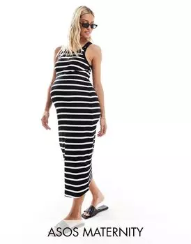 Платье миди черного цвета с тонкой белой полоской ASOS DESIGN Maternity