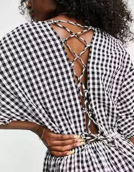 Платье миди черного цвета со шнуровкой сзади и пышными рукавами Mango