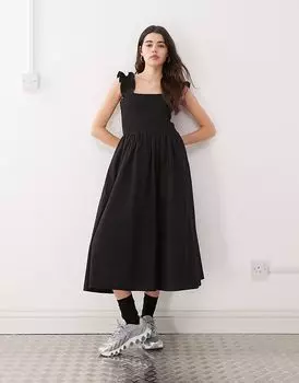 Платье миди COLLUSION с плетеными бретелями и сборками черного цвета