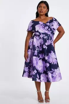 Платье-миди Curve Navy с цветочным принтом Bardot QUIZ Clothing