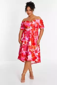 Платье миди Curve Red с цветочным принтом и глубоким подолом QUIZ Clothing