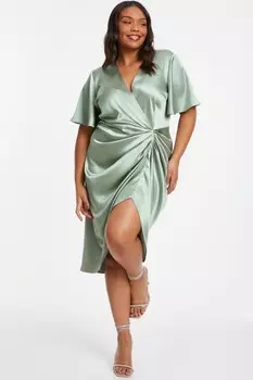Платье-миди Curve Sage из атласа с оборками и запахом QUIZ Clothing