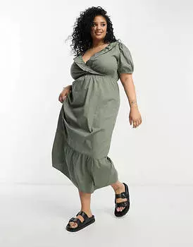Платье миди цвета хаки из поплина с оборками River Island Plus