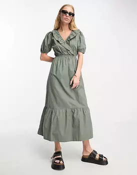Платье миди цвета хаки из поплина с оборками спереди River Island