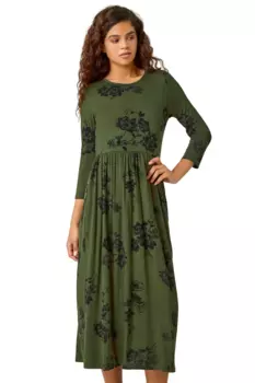 Платье миди цвета хаки с цветочным принтом Roman Khaki