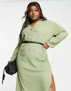 Платье миди цвета хаки с длинными рукавами и поясом ASOS DESIGN Curve