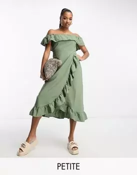 Платье миди цвета хаки с фактурной отделкой и оборками River Island