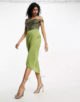 Платье миди цвета хаки с лифом и пайетками ASOS DESIGN