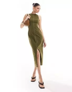 Платье миди цвета хаки с отстрочкой ASOS DESIGN