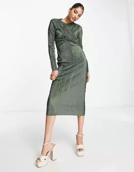 Платье миди цвета хаки с плиссированной юбкой и перекрестным вырезом ASOS DESIGN