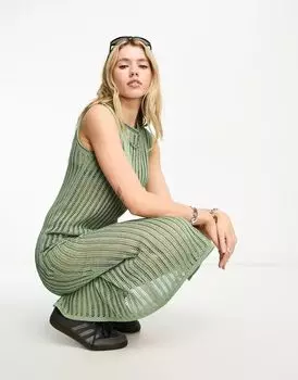 Платье миди цвета хаки с прозрачными ребрами и напуском ASOS