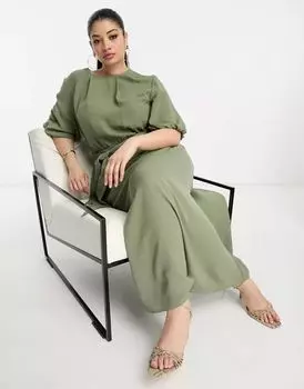 Платье миди цвета хаки с пышными рукавами и завязкой на талии ASOS DESIGN Curve