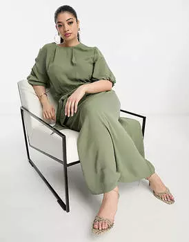 Платье миди цвета хаки с пышными рукавами и завязкой на талии ASOS DESIGN Curve