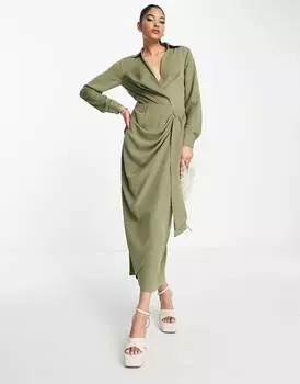 Платье миди цвета хаки с воротником и рюшами на талии ASOS DESIGN