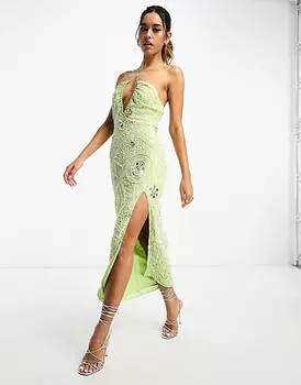 Платье миди цвета лайма с бретелью на шее и белой вышивкой ASOS DESIGN