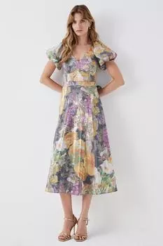 Платье миди цвета металлик с пышными рукавами Coast, черный