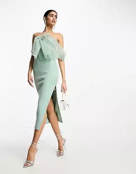 Платье миди цвета морозного шалфея с бретельками из органзы и бантом ASOS DESIGN