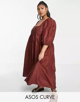 Платье миди цвета ржавчины ASOS DESIGN Curve из хлопка с пышными рукавами и пышными рукавами ASOS DESIGN Curve