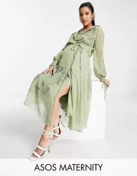 Платье миди цвета шалфея ASOS DESIGN для беременных с цветочной вышивкой, кружевной вставкой и атласным галстуком