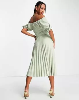 Платье миди цвета шалфея с пышными рукавами и приспущенными плечами ASOS DESIGN