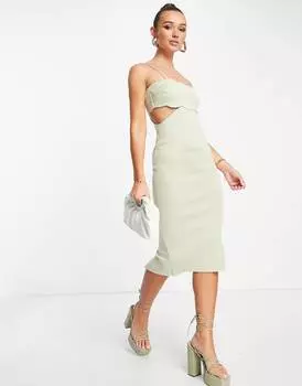 Платье миди цвета шалфея с вырезами и фестонами ASOS DESIGN