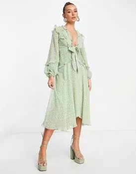 Платье миди цвета шалфея со складками и жаккардовыми вставками ASOS DESIGN