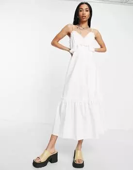 Платье миди цвета слоновой кости из смесового джерси и поплина с ремешками и оборками Topshop