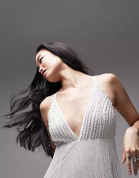 Платье миди цвета слоновой кости с бахромой и бисером Topshop