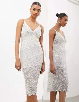 Платье миди цвета слоновой кости с фестонами и пайетками ASOS EDITION