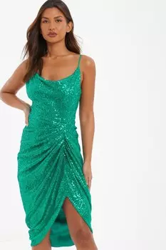 Платье миди цвета зеленого нефрита с пайетками и сборками QUIZ Clothing
