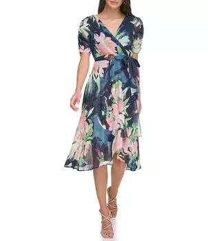 Платье миди DKNY с цветочным принтом и V-образным вырезом, короткими рукавами и искусственным запахом, цветочный