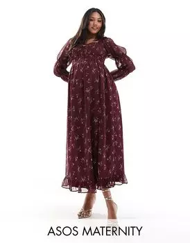 Платье-миди для беременных ASOS DESIGN с длинными рукавами и присборенной талией в цветочек бордового цвета