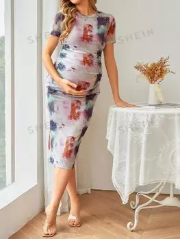 Платье миди для беременных, Летнее повседневное Облегающее платье с круглым вырезом и короткими рукавами с принтом тай-дай для города Shein, розовый