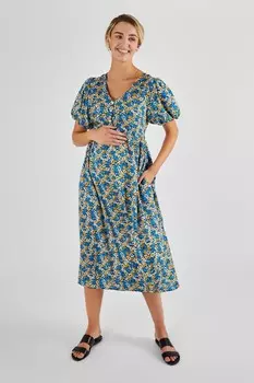 Платье миди для беременных с пышными рукавами Jojo Maman Bb, желтый