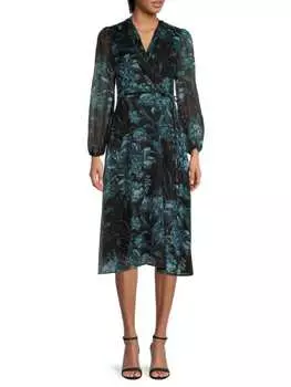 Платье миди Donna Ricco с поясом и цветочным принтом, черный