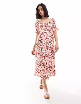 Платье-миди «Доярка» с цветочным принтом и рукавами-фонариками от Wednesday's Girl в красном и кремовом цветах