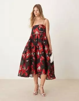 Платье миди Dream Sister Jane из жаккарда с цветочным принтом красного и черного цвета